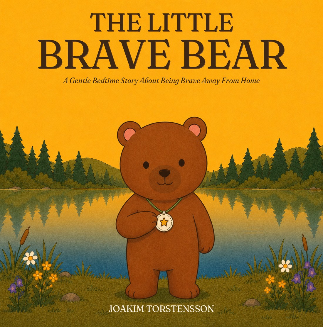 The Little Brave Bear book cover — Bruno standing by a lake at golden hour