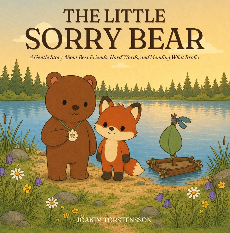 The Little Sorry Bear book cover — Bruno and Fern the fox by a lake at sunset
