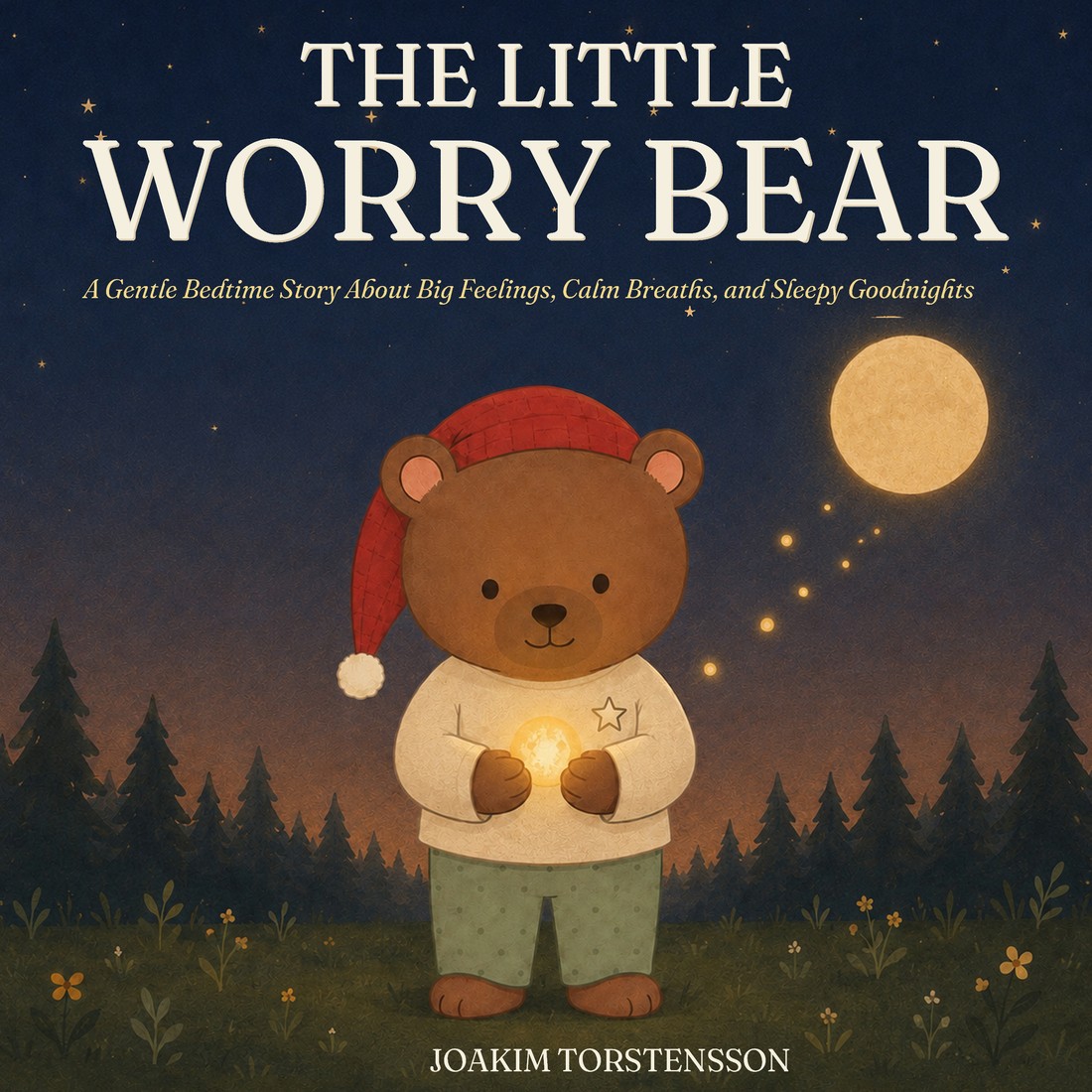 The Little Worry Bear book cover — Bruno holding a glowing worry-light under a night sky
